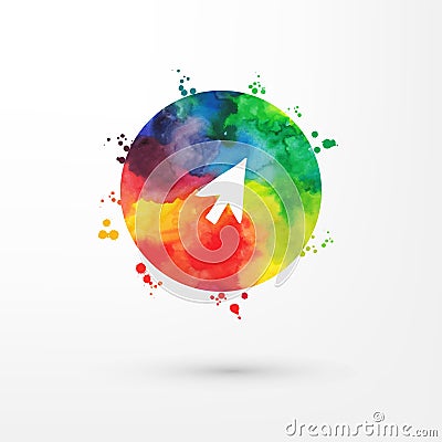 Vector rainbow grungy watercolor arrow icon inside circle with paint stains and blots Vector Illustration