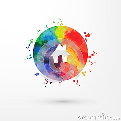 Vector rainbow grungy watercolor icon inside circle with paint stains and blots. Vector Illustration