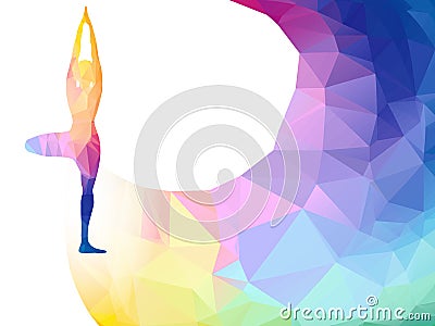 Vector rainbow polygonal label with woman silhouette of yoga pose. Yoga sport invitation poster or flyer background with Vector Illustration