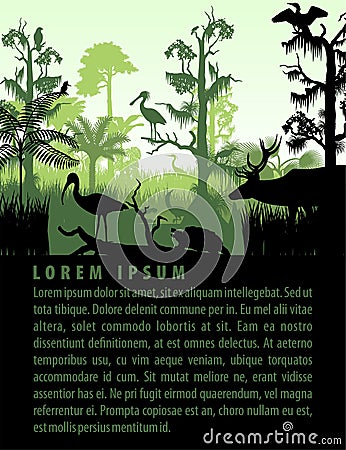 Vector rainforest wetland silhouettes in sunset design template with heron, deer, gator, turtle, kingficher and cormorant Vector Illustration