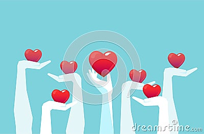 Vector of raised hands holding giving red color hearts isolated on light blue background Vector Illustration