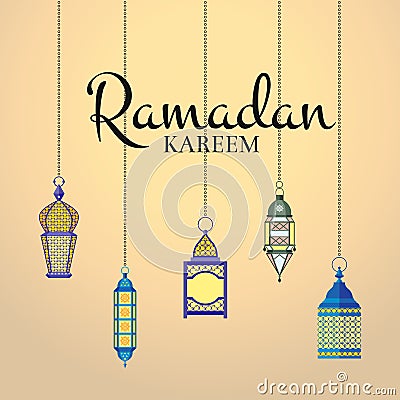 Vector Ramadan illustration with haning lanterns and arabic city silhouette Vector Illustration