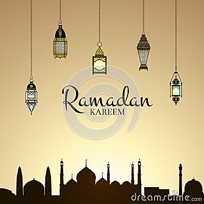 Vector Ramadan illustration with lanterns and arabic city silhouette Vector Illustration