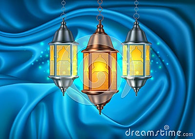 Vector ramadan kareem lantern realistic curtain Vector Illustration