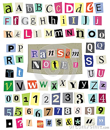 Vector Ransom Note #1- Cut Paper Letters, Numbers, Symbols Stock Photo