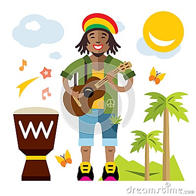 Vector Rastafarian. Reggae Artist. Flat style colorful Cartoon illustration. Vector Illustration