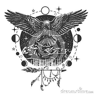 Vector black raven tattoo or t-shirt print design Vector Illustration