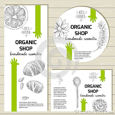 Vector ready design template for organic cosmetic products, hand Vector Illustration