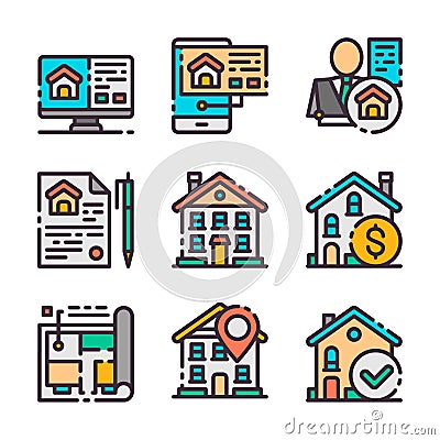 9 vector real estate icons set. Home hunting. Vector colors icons. Vector Illustration