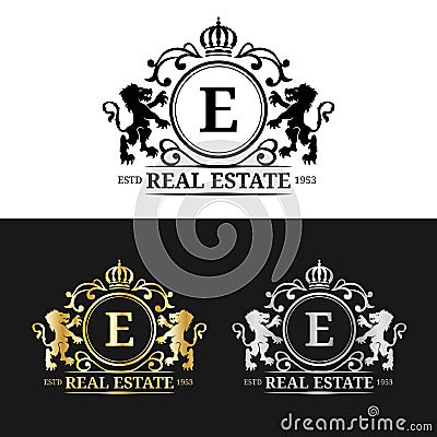 Vector real estate monogram logo templates.Luxury letters design.Graceful vintage characters with crown and lion symbols Vector Illustration