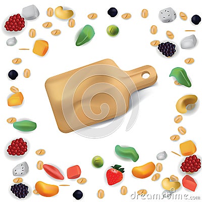 Vector realism style illustration about healthy food. The cutting board is surrounded by fruits, vegetables and nuts Vector Illustration