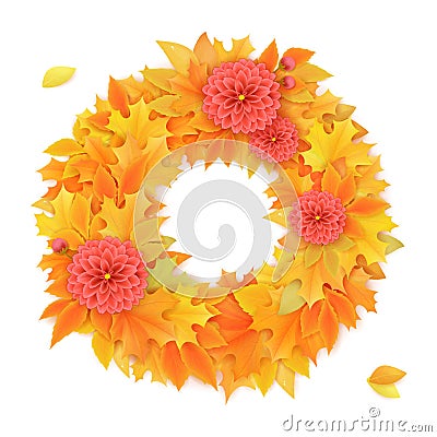 Vector realistic autumn round frame with dahlia flowers on leaves Vector Illustration