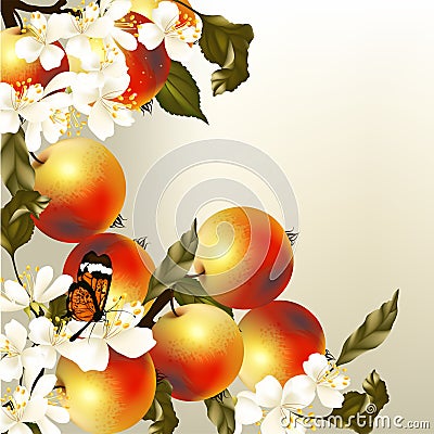 Art vector spring background with realistic apples and flowers Stock Photo