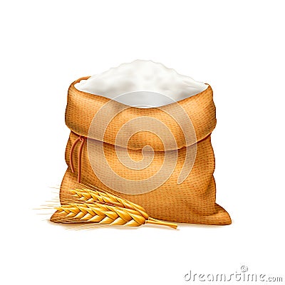 Vector realistic bag of flour with wheat ears isolated on white background. Heap of flour. Design element. Bread and Vector Illustration