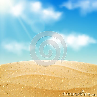 Vector realistic beach landscape. Yellow sand desert and blue sky with clouds. Summer vacation background Vector Illustration