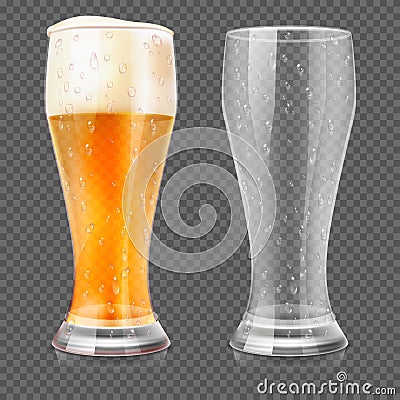 Vector realistic beer glasses, empty mug and full lager glass Vector Illustration