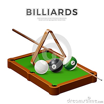 Vector realistic billiards snooker, pool balls cue Vector Illustration