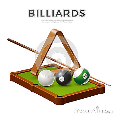 Vector realistic billiards snooker, pool balls cue Vector Illustration