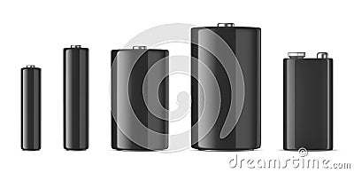 Vector realistic black alkaline batteriy icon set. Diffrent size - AAA, AA, C, D, PP3. Vector Illustration