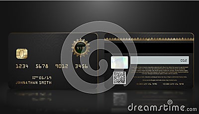 Vector realistic black credit card with abstract geometric background. Golden element credit card dark design template. Bank Vector Illustration