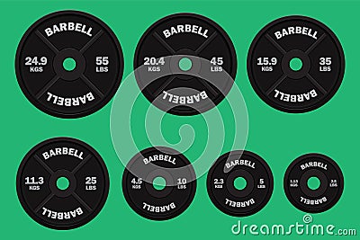 Vector realistic black Weight plates in pounds and kilograms. Vector Illustration