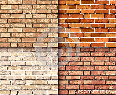 Vector realistic brick wall seamless pattern set. Flat wall repeat texture. Yellow, red, orange textured brick Vector Illustration