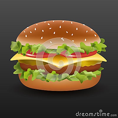 Vector realistic classic american hamburger Cheeseburger with salad with tomatoes. Vector Illustration