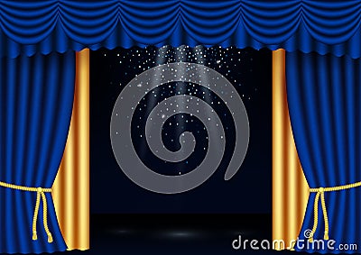 Vector realistic classic blue and gold stage curtains with spotlights Vector Illustration