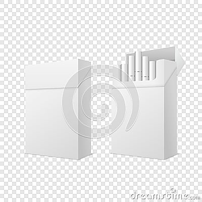 Vector Realistic Closed and Opened Clear Blank Empty and with Cigarettes Pack Box Set Isolated on Transparent Background Vector Illustration