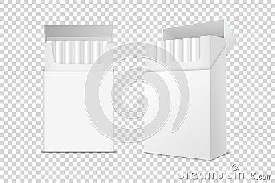 Vector Realistic Closed and Opened Clear Blank Pack with Cigarettes Box Set Isolated on Transparent Background. Design Vector Illustration