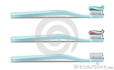 Realistic collection of tooth brushes with or without tooth paste applied on top of it in different colors, nylon bristles and Cartoon Illustration