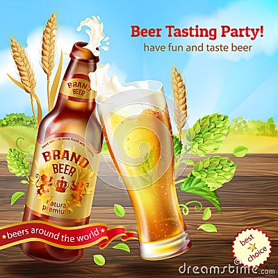 Vector realistic colorful background with brown bottle of beer, promotion banner with glass of frothy alcoholic drink. Vector Illustration