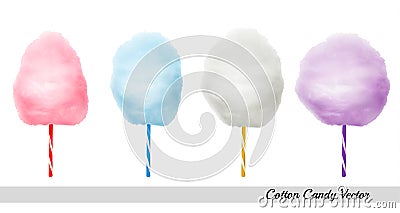 Vector realistic cotton candies on colourful confectionery candyfloss sticks. Vector Illustration