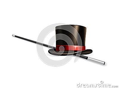 Vector realistic cylinder hat with stick isolated on white background. Vector Illustration