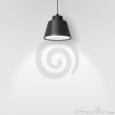 Vector Realistic 3d Black Spotlight, Hang Ceiling Lamp or Chandelier on Rope Illuminating the Wall Closeup on Grey Vector Illustration