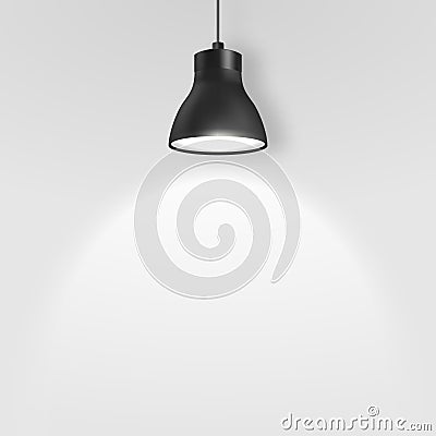 Vector Realistic 3d Black Spotlight, Hang Ceiling Lamp or Chandelier on Rope Illuminating the Wall Under it Closeup on Vector Illustration