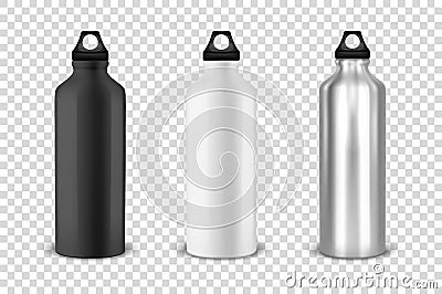 Vector realistic 3d black, white and silver empty glossy metal water bottle with black bung icon set closeup on Vector Illustration