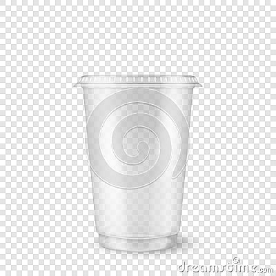 Vector realistic 3d empty clear plastic disposable cup closeup isolated on transparency grid background. Design template Vector Illustration
