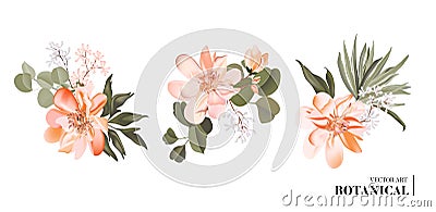 Vector realistic 3d floral bouquet design: garden magnolia flower with palm leaves and eucaluptys isolated on white. Romantic Vector Illustration