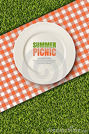 Vector realistic 3d illustration of plate, red plaid on green grass lawn. Picnic in park. Banner, poster design template Vector Illustration