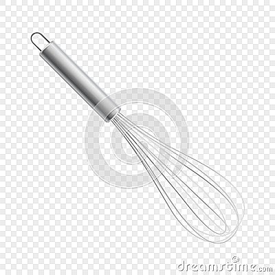 Vector realistic 3D metal wire steel whisk icon closeup isolated on transparency grid background. Cooking utensil, egg Vector Illustration