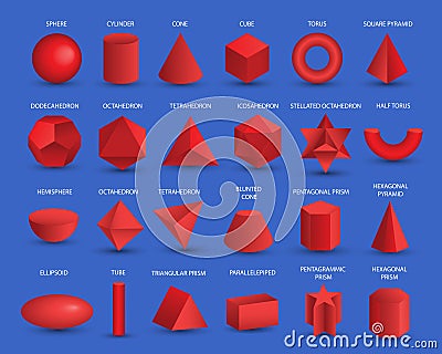 Vector realistic 3D red geometric shapes isolated on background. Maths geometrical figure form, realistic shapes model Vector Illustration
