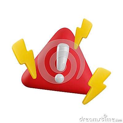 Vector Realistic 3d red triangle shape with white exclamation mark and flash. Cartoon 3d render of warning sign with Vector Illustration