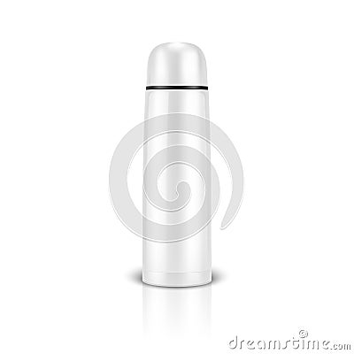 Vector realistic 3d wgite empty glossy metal vacuum thermo tumbler flask closeup isolated on white background. Design Vector Illustration