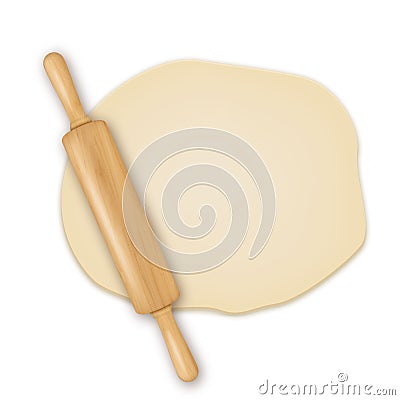 Vector realistic 3D wooden rolling pin on roll out the dough closeup isolated on white background. Design template for Vector Illustration