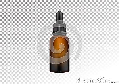 Vector realistic dark glass bottle with pipette for drops. Cosmetic vials for oil, liquid essential, collagen serum Vector Illustration