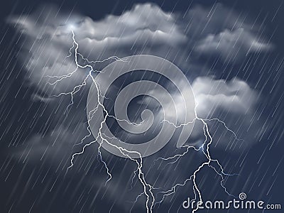 Vector realistic dark stormy sky with clouds, heavy rain and lightning strikes Vector Illustration