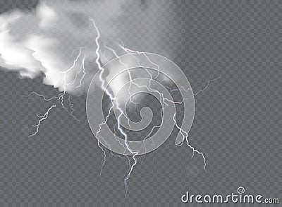 Vector realistic dark stormy sky with clouds, heavy rain and lightning strikes Vector Illustration