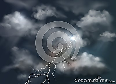 Vector realistic dark stormy sky with clouds and lightning bolt Vector Illustration