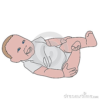 Vector realistic drawn baby on white. Cute playful little baby dressed in white bodysuits, laughs Vector Illustration